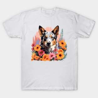 Blue Heeler Australian Cattle Dog Mountain Flower Cute Colorful Puppy Dog T-Shirt